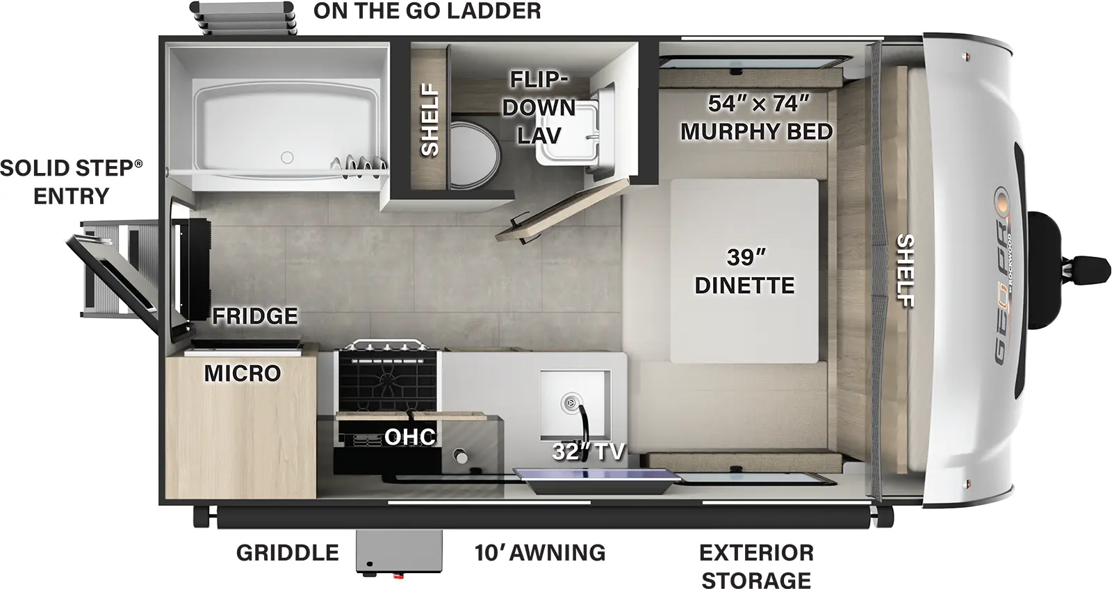 The Rockwood Geo Pro G15FDG has one entry and zero slide outs. Exterior features include: fiberglass exterior and 10' awning. Interiors features include: murphy bed.